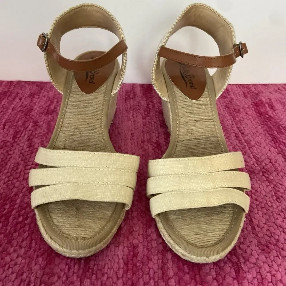 Lucky Brand Kylo Wedge Espadrille Sandals Linen Tan Size 8